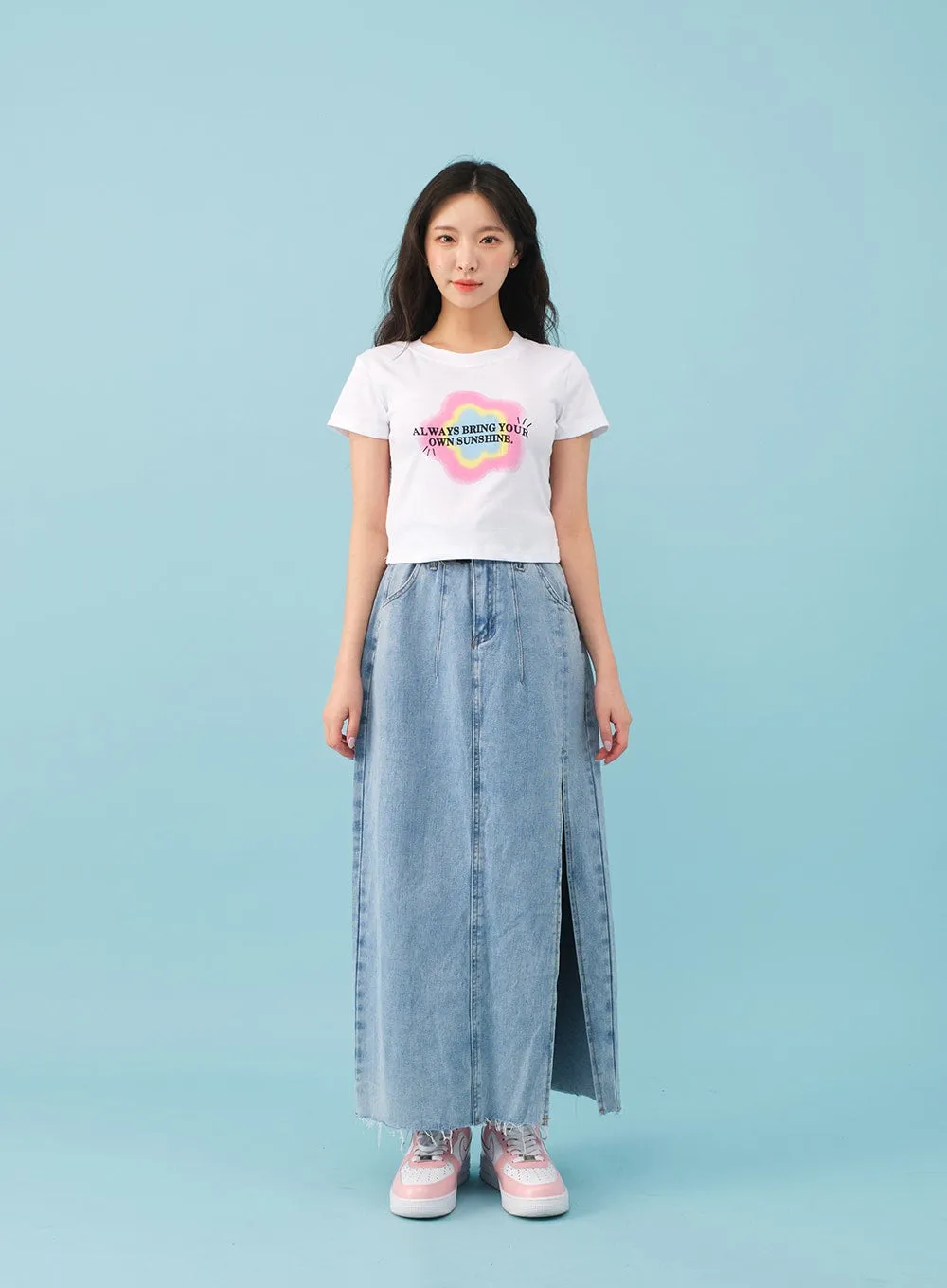 Side Slit Belted Denim Maxi Skirt BJ08