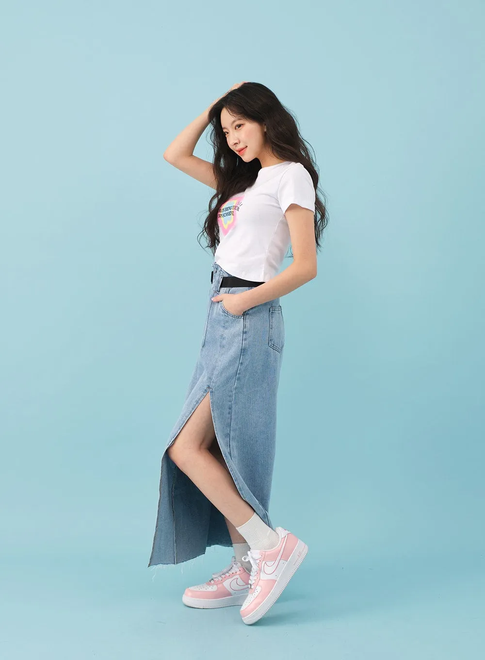 Side Slit Belted Denim Maxi Skirt BJ08