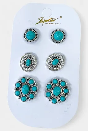 Silver Turquoise Stone Stud Earrings Set