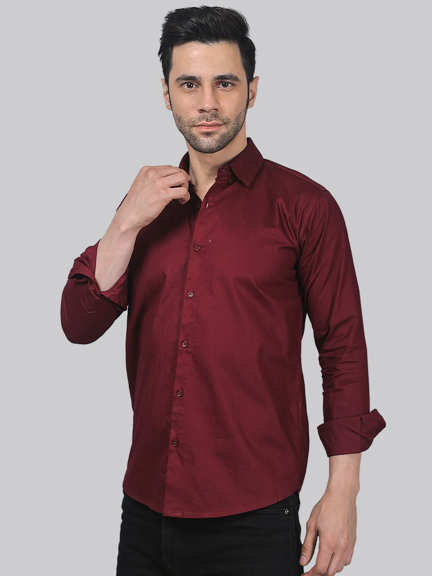 Sleek TryBuy Premium Solid Maroon Cotton Button-Up Shirt For Men