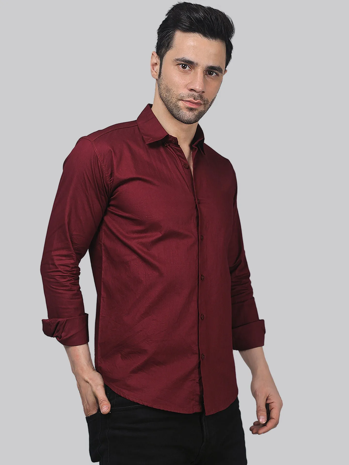 Sleek TryBuy Premium Solid Maroon Cotton Button-Up Shirt For Men