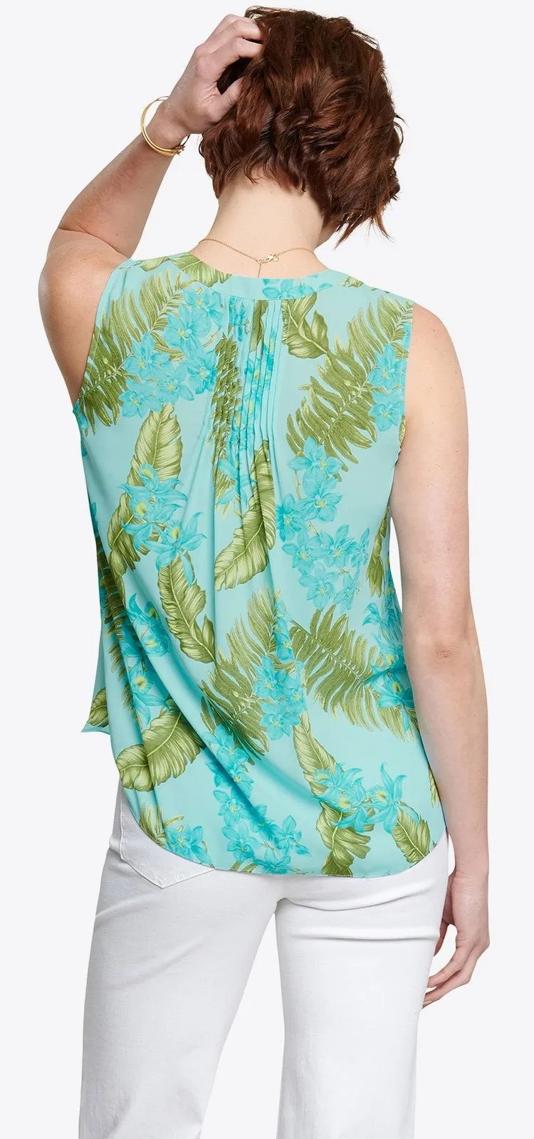 Sleeveless Pintuck Blouse Tropische Print | Calypso Orchid