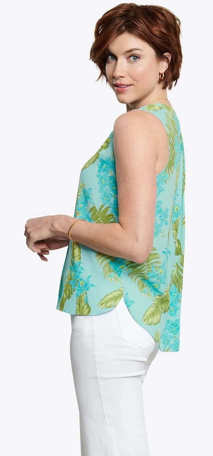 Sleeveless Pintuck Blouse Tropische Print | Calypso Orchid