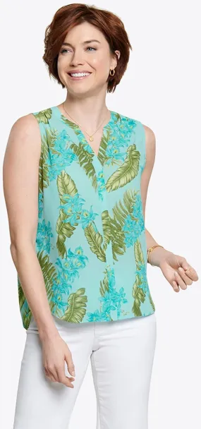 Sleeveless Pintuck Blouse Tropische Print | Calypso Orchid