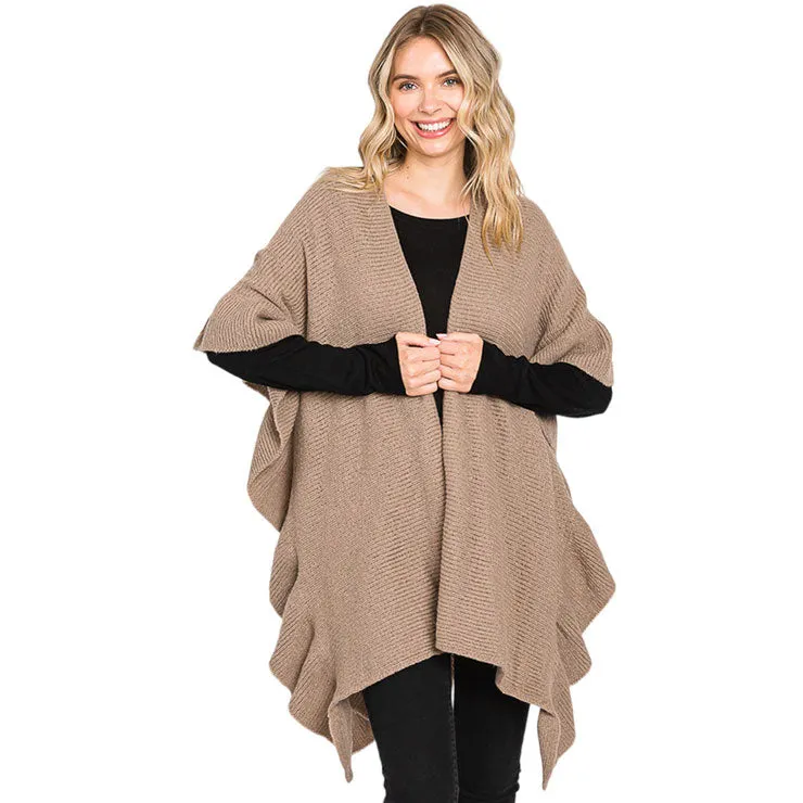 Solid Ruffle Knit Ruana Poncho