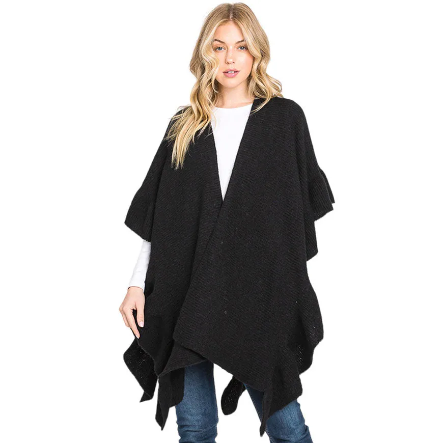 Solid Ruffle Knit Ruana Poncho