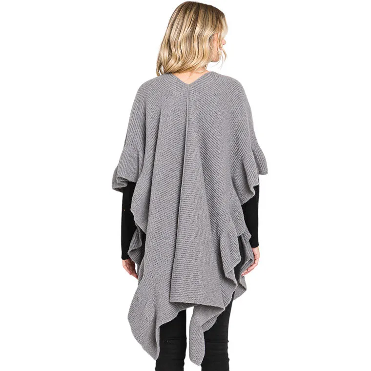 Solid Ruffle Knit Ruana Poncho