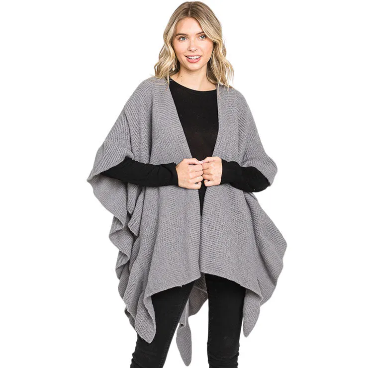 Solid Ruffle Knit Ruana Poncho