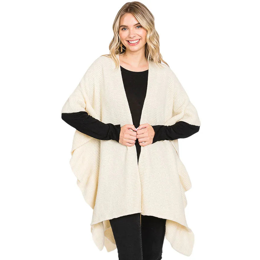 Solid Ruffle Knit Ruana Poncho