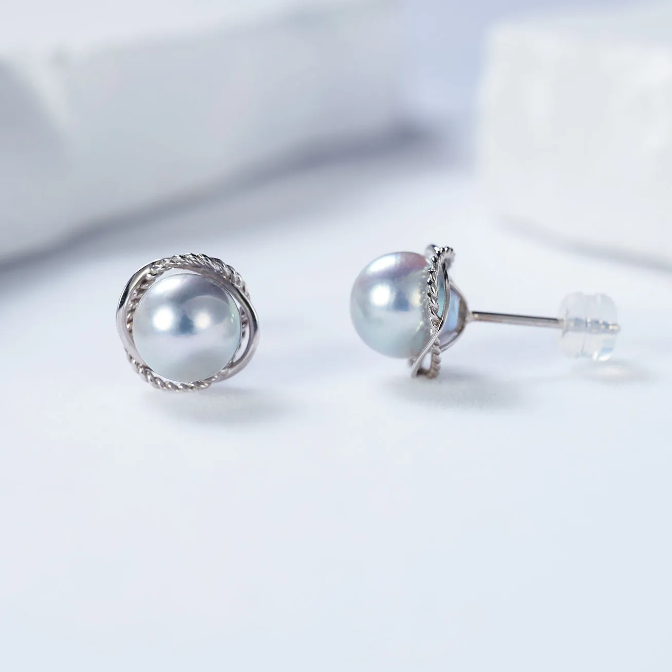 Top Grade 18K Gold Silver Blue Akoya Pearl Earrings KE00160