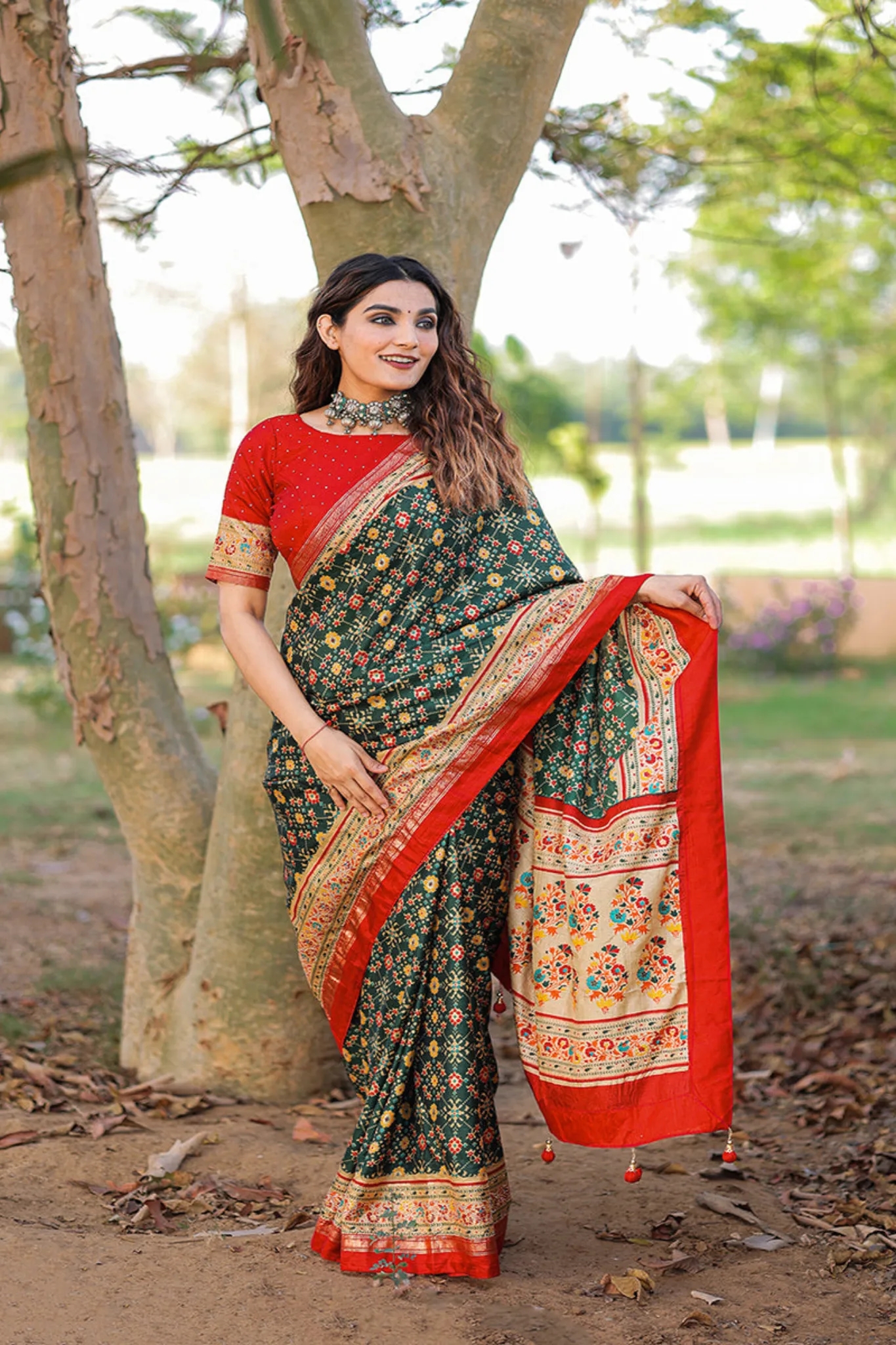 Trending Green Color Foil Printed And Stone Work Dola Silk Saree