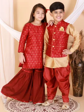 Vastramay Banarasi Maroon Woven Siblings Set