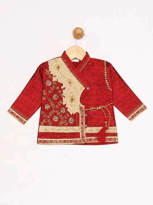 Vastramay Boy's Gold & Maroon Angrakha Kurta and Dhoti Set