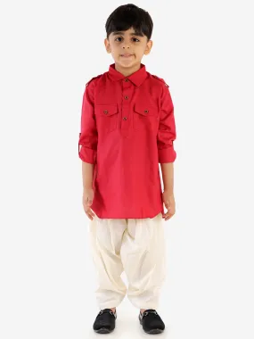 VASTRAMAY Boy's Maroon Cotton Blend Pathani Suit Set