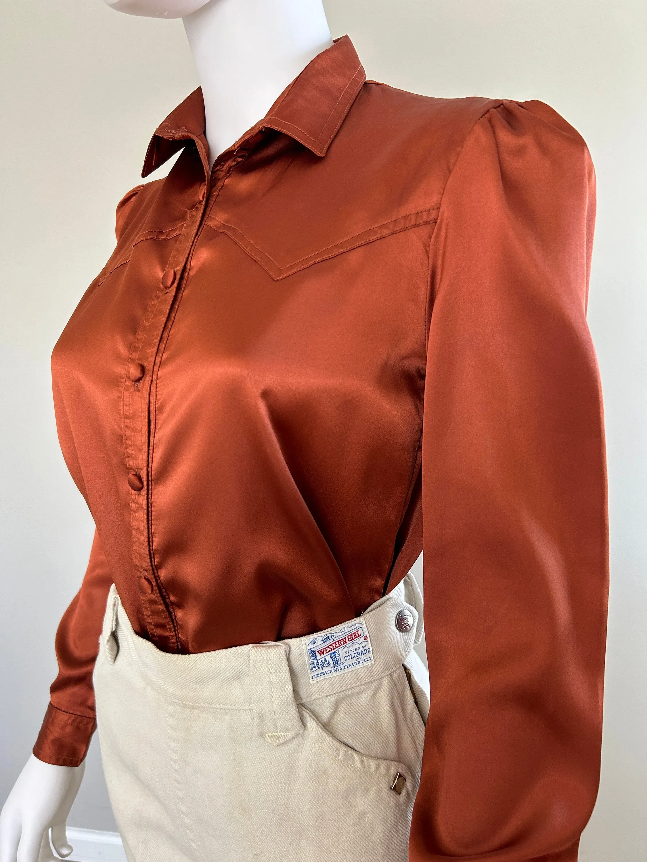 Vintage 1970s Satin Western Blouse / 70s retro terra cotta top / Size XS S